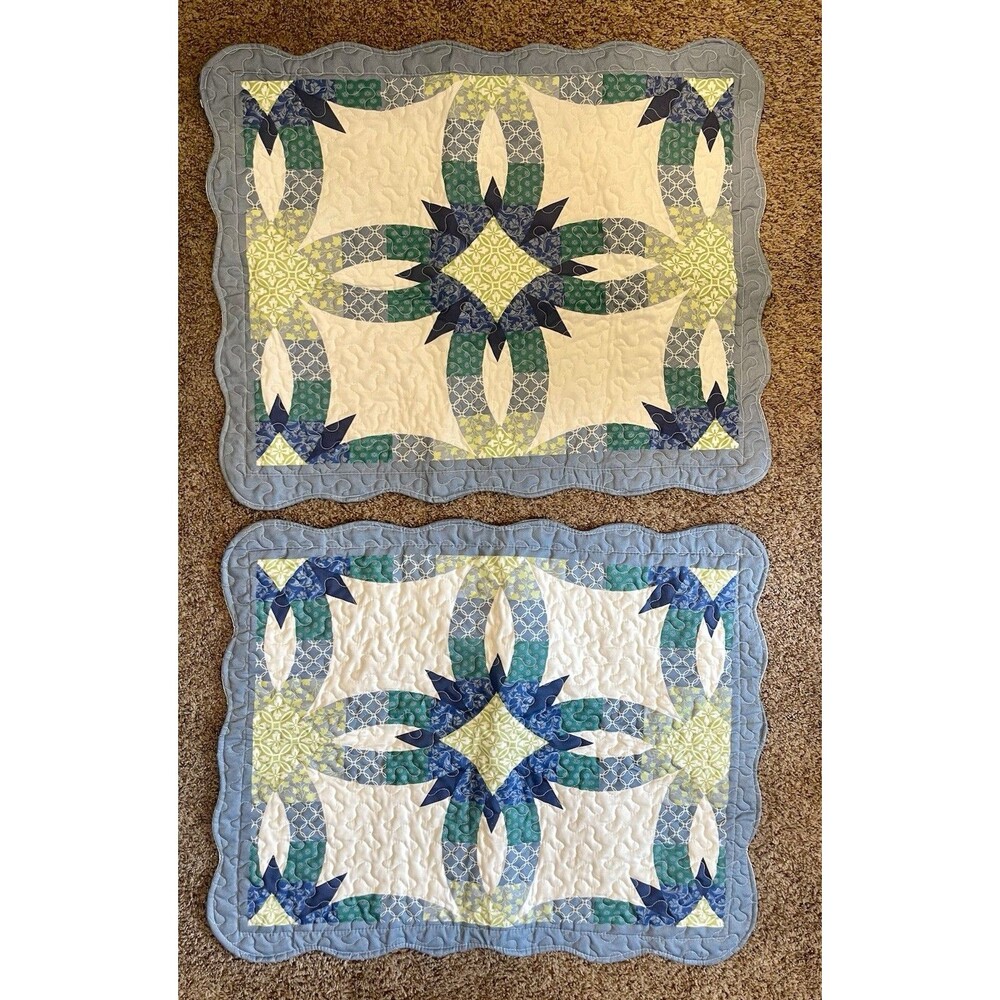 Quilted Double Wedding Ring Pillow Shams Blue Green Set of 2
